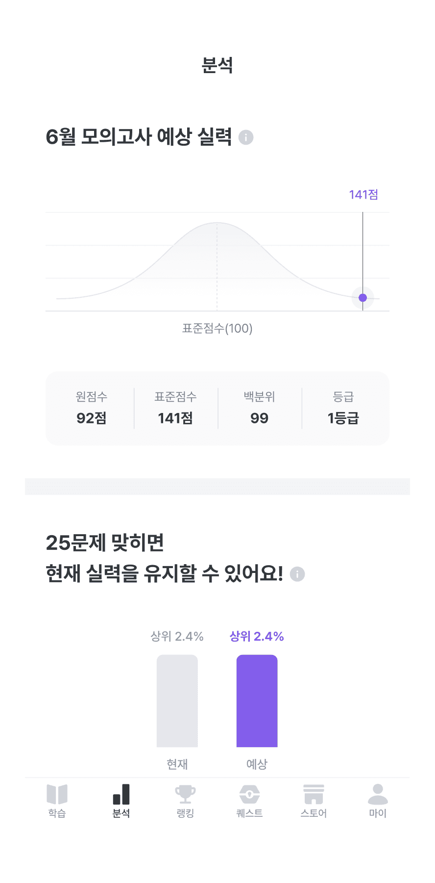 수학대왕 AI를 통해 현재 실력과 대학교 합격 예측을 분석한 이미지